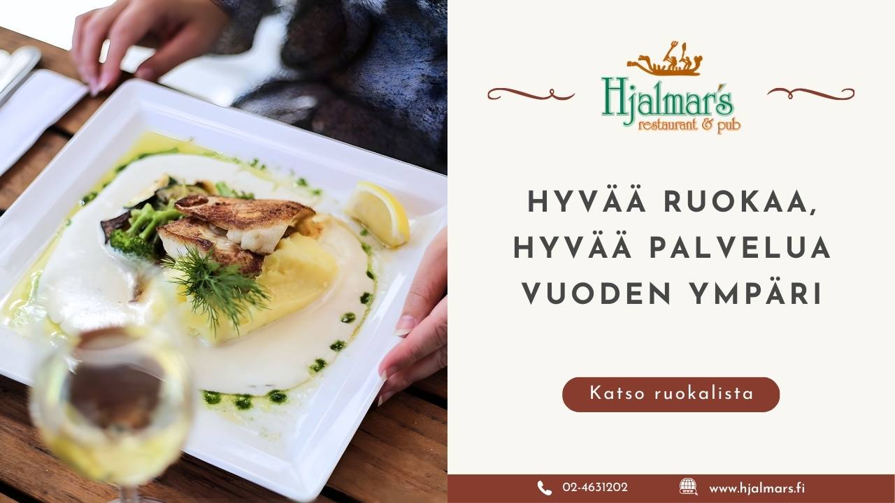 Hjalmar'n mainos Visit Korpolle, jossa on maukas kalaruoka ja kehotus toimintaan.