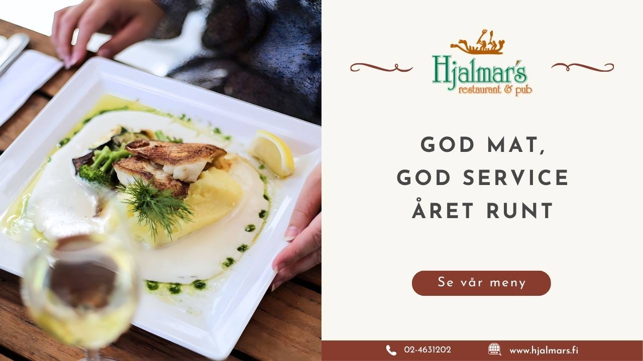 Hjalmar's ad for Visit Korpo with a tasty fish dish and a call to action