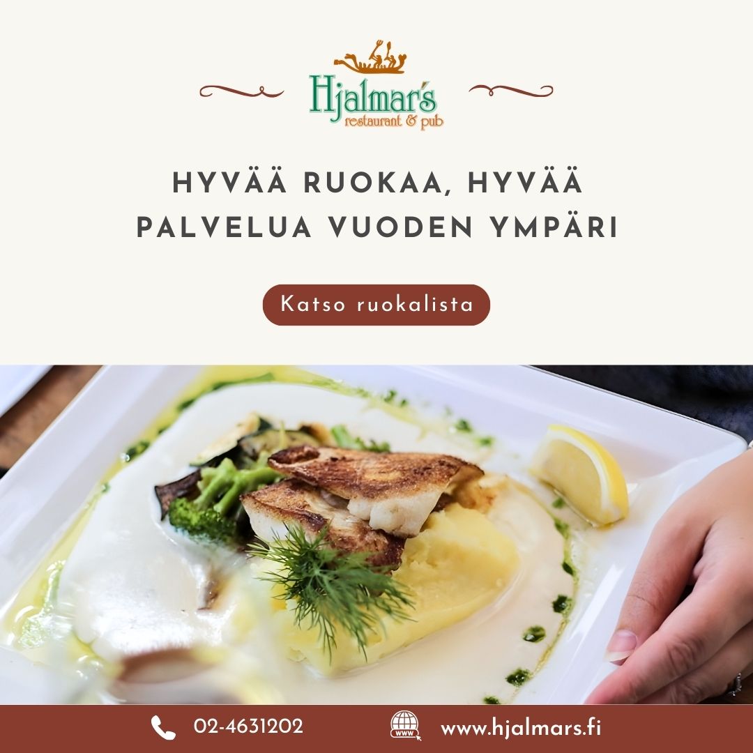 Hjalmar'n mainos Visit Korpolle, jossa on maukas kalaruoka ja kehotus toimintaan.