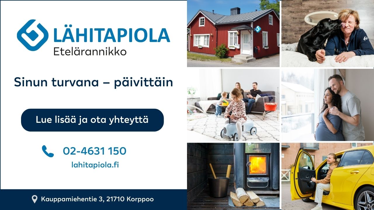 LähiTapiola Etelärannikko-annons med kontaktuppgifter, slogan, ett rött hus, öppen spis, husdjur och familjer i hemmiljö.