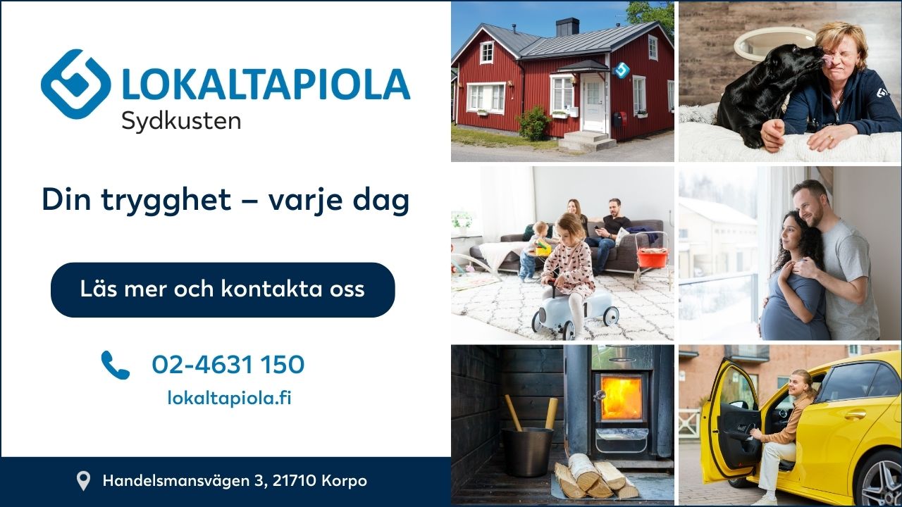 LokalTapiola Sydkusten-annons med bilder av ett hus, en familj, en hund, en vedspis och en bil; kontaktuppgifter och webbplatsinformation visas.