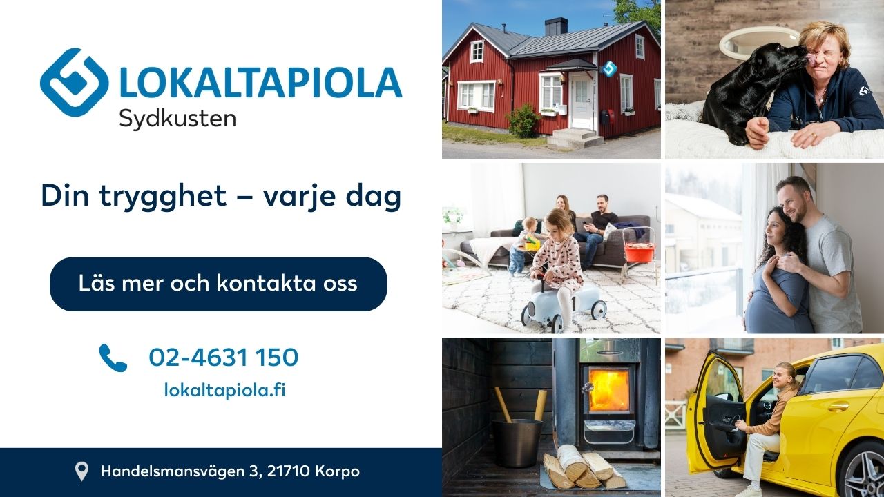 Annons för LokalTapiola Sydkusten med olika bilder av hem, familjer och husdjur, med kontaktinformation och en uppmaning att lära sig mer eller komma i kontakt.