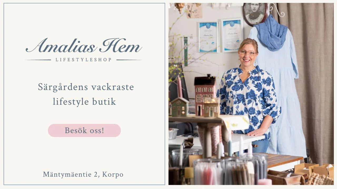 A woman in a floral dress stands behind the counter of a lifestyle store. The shop has various home furnishing items. The text reads "Amalia's Home Lifestyleshop, Särgården's most beautiful lifestyle shop, Visit us!