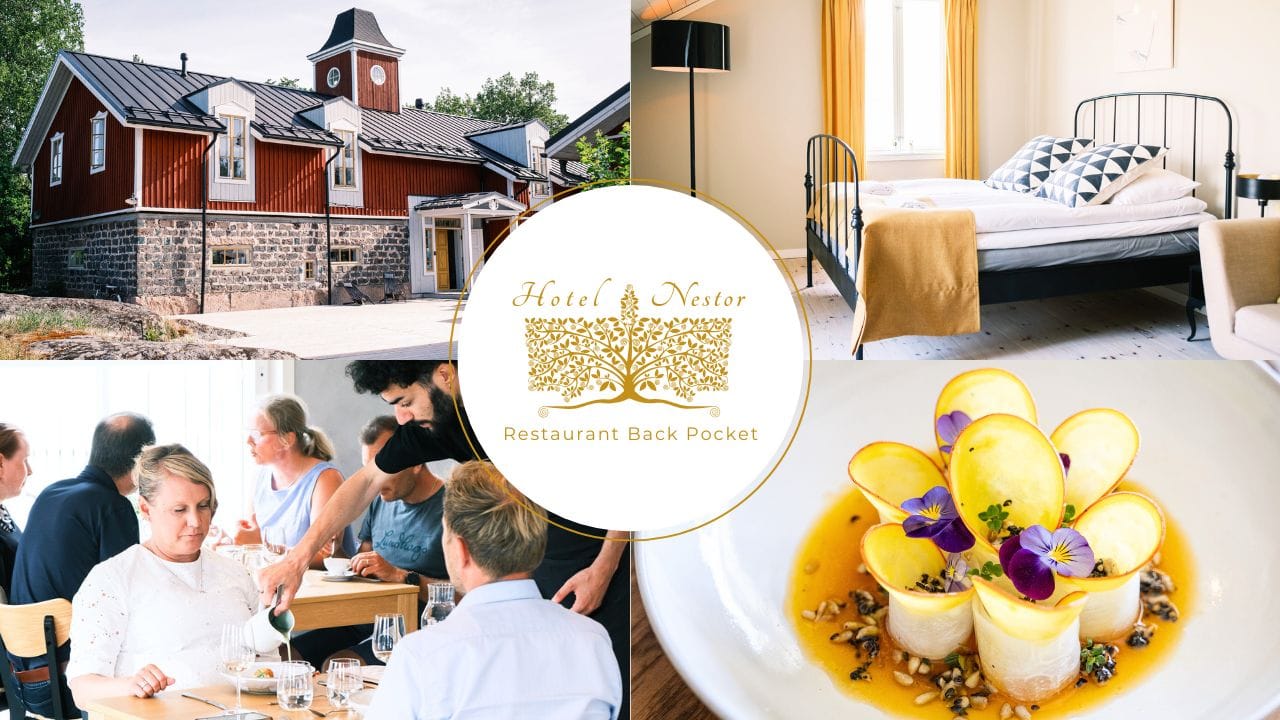 Ett collage som visar Hotel Nestors byggnads exteriör, ett modernt gästrum, gäster som serveras och en gourmeträtt med hotellets och restaurangens logotyp i mitten.