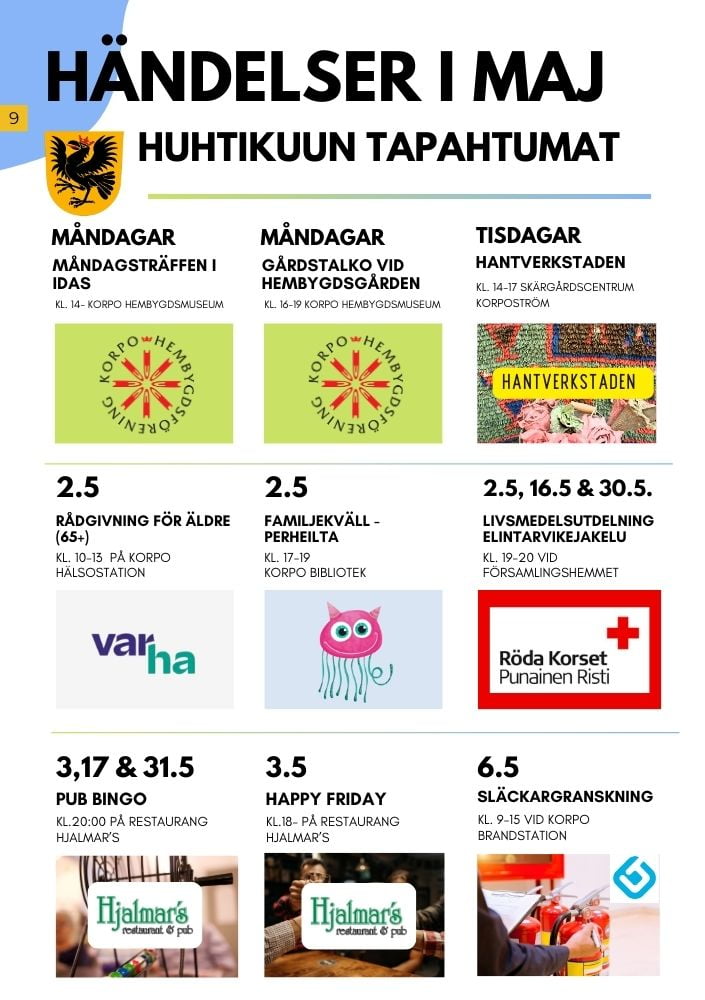En informativ affisch på svenska som visar ett schema över hälsohändelser, inklusive blodtrycksmätningar, bloddonation och HLR-träning med färgglada ikoner.