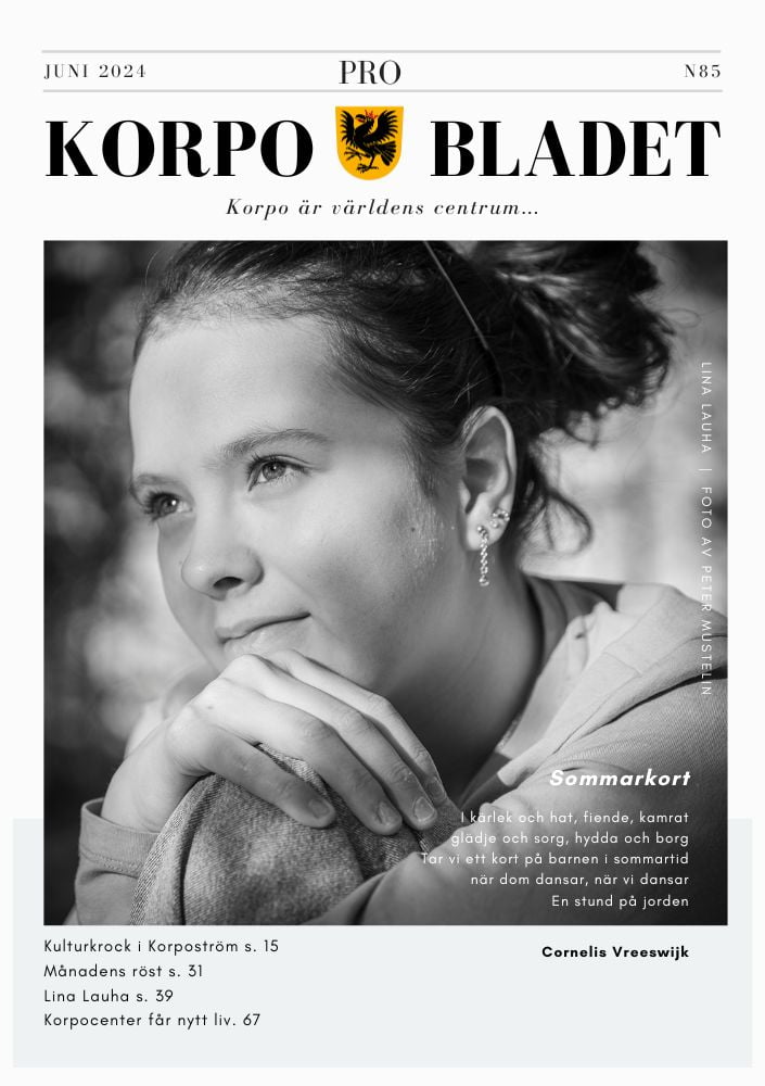 Svartvitt omslag till tidningen "Korpo Bladet", juninumret 2024. Presenterar en kontemplativ ung person som vilar sitt huvud på sin hand. Innehåller artikeltitlar och en kort dikt.