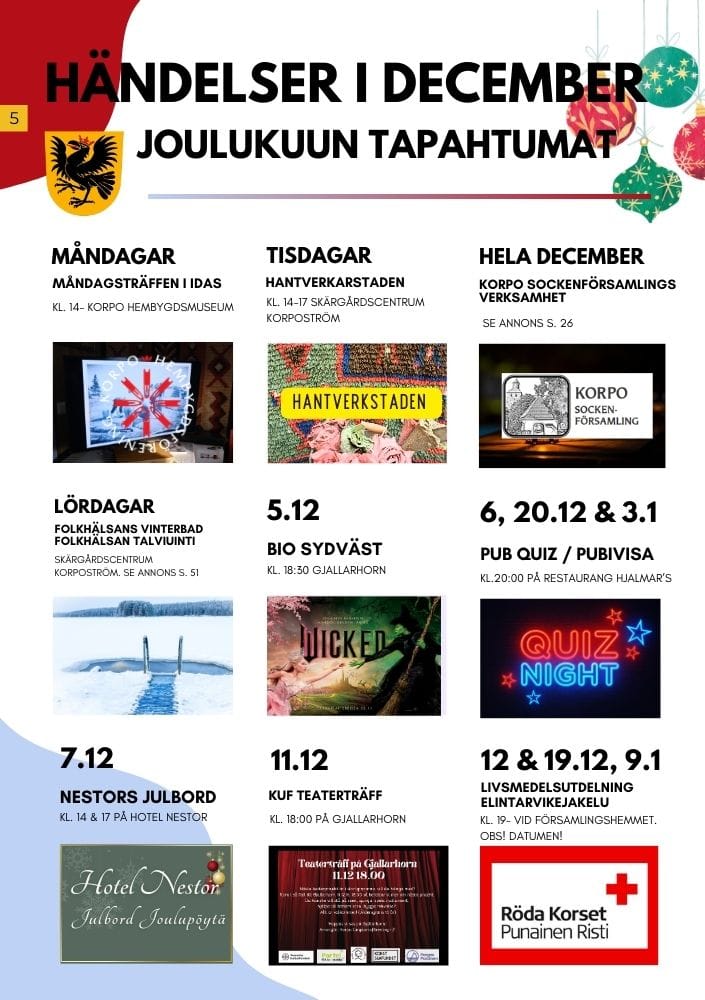 Evenemangsaffisch för december i Korpo, med olika aktiviteter som hantverksverkstäder, teaterföreställningar och frågesportkvällar. Inkluderar datum och platsinformation på svenska och finska.