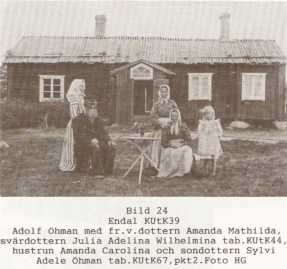 Ett svartvitt foto visar sex personer, både vuxna och barn, som poserar framför ett trähus. Ett bord och stolar står uppställda på gräsmattan.