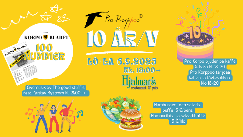 Färgglatt reklamblad för Pro Korpos 10-årsjubileum med information om evenemanget, bufféerbjudanden och musik, med festlig grafik och text på svenska.
