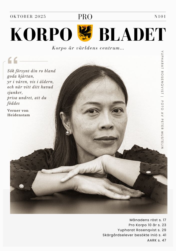 Omslaget av oktobernumret av Pro Korpo Bladet. En kvinna med långt mörkt hår vilar huvudet på sin hand och ser fundersam ut.