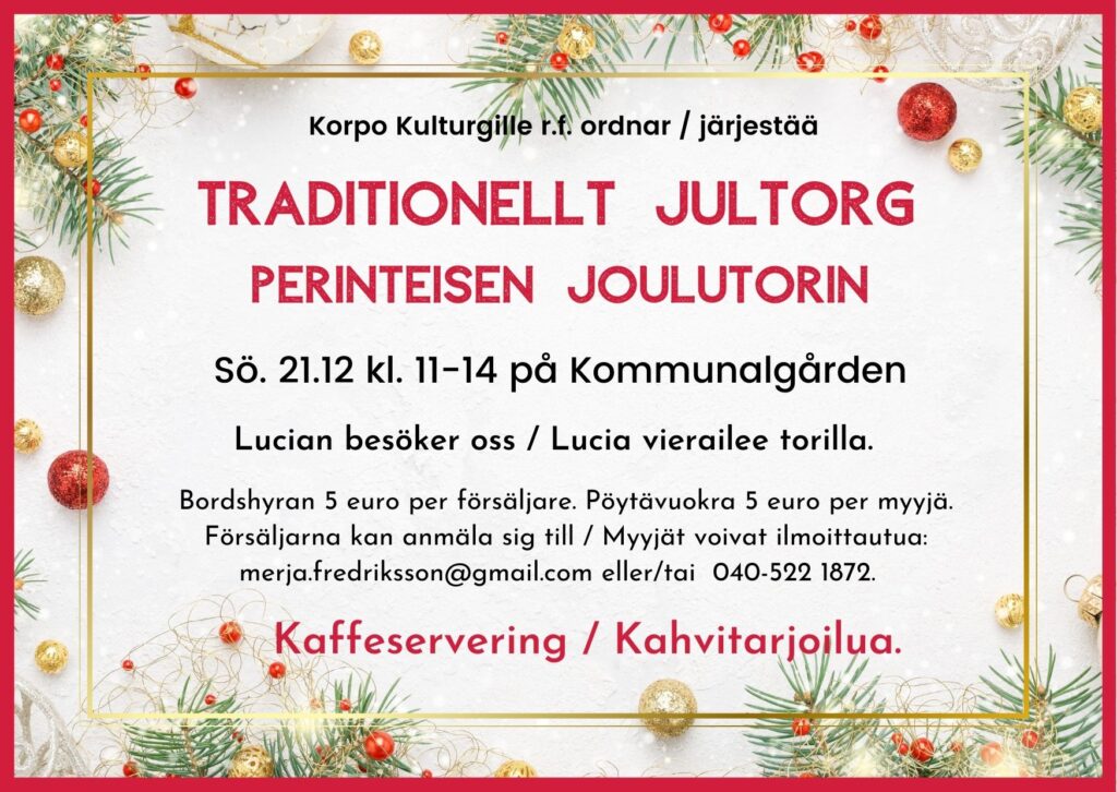 Juhlava ruotsalais-suomalainen joulumarkkinakutsu, jossa on tapahtuman tiedot, koristeelliset männyn oksat, punaiset ja kultaiset koristeet sekä kultaiset tähdet valkoisella taustalla.