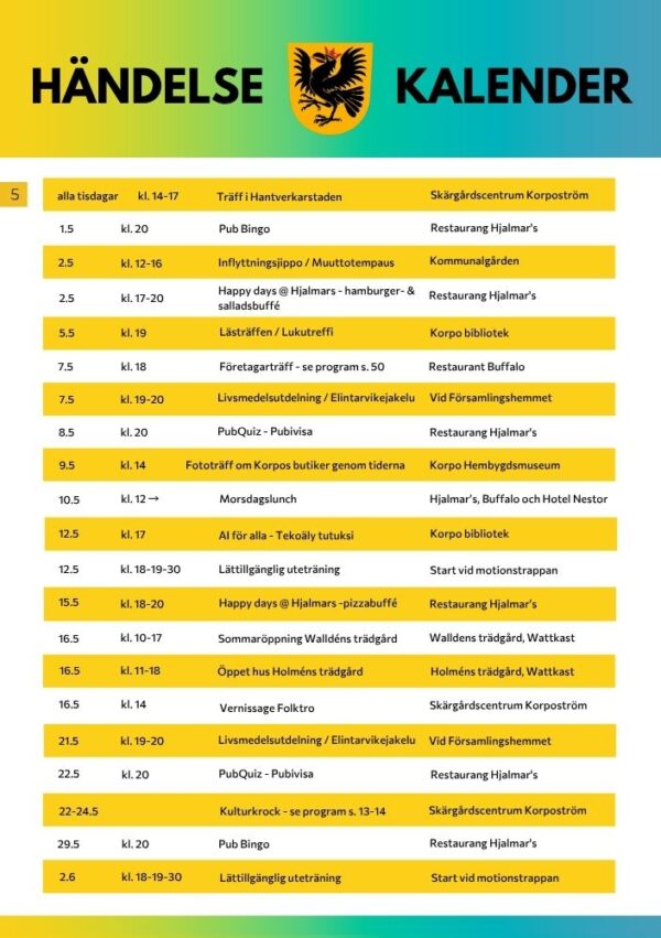 Korpos evenemangskalender maj 2026