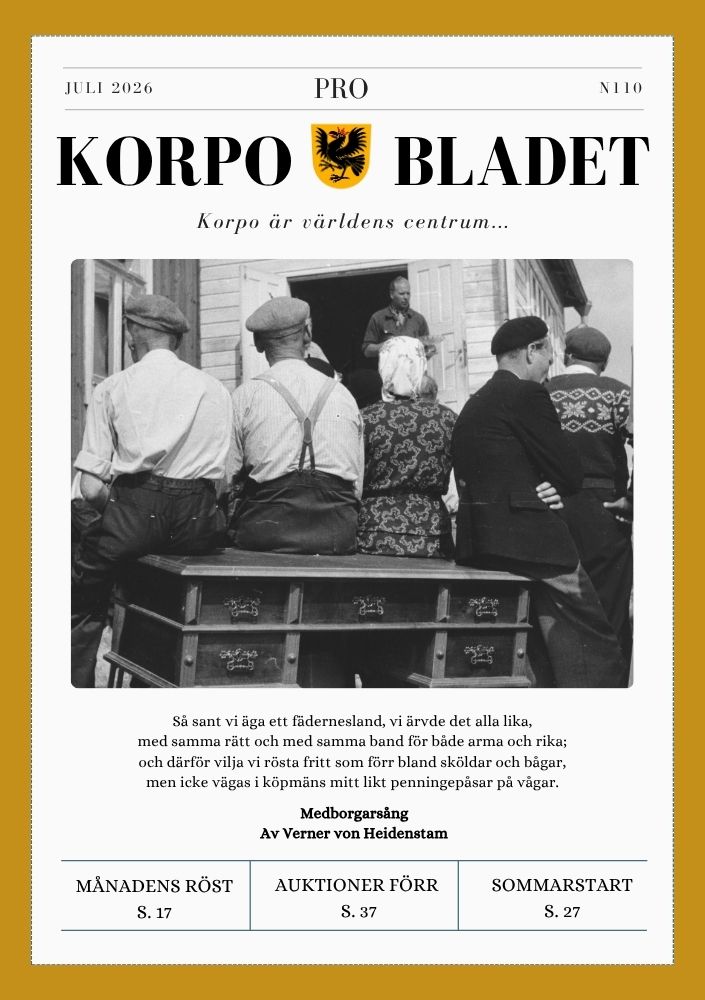 Omslaget till Korpo Bladet nummer 110, juli 2026. På omslaget syns ett svartvitt foto från auktionen på Lempersö 1951.