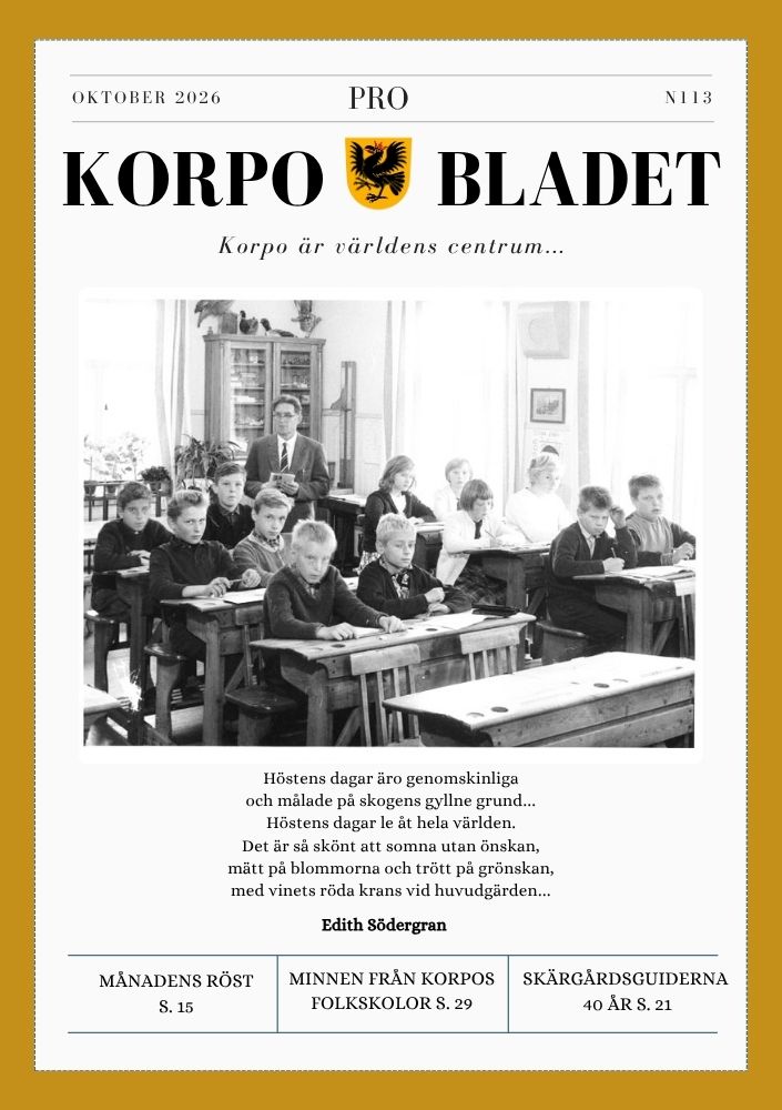 Omslaget till Korpo Bladet nummer 113, oktober 2026. På omslaget syns ett svartvitt foto av elever i Galtby folkskola på 1950-talet.